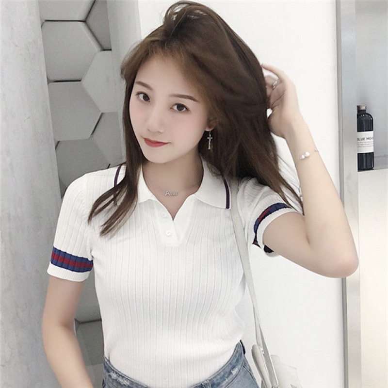 Summer new T-shirt, ice silk knitted sweater, women's wear, school style short-sleeved, slimming, Chic retro lapel top