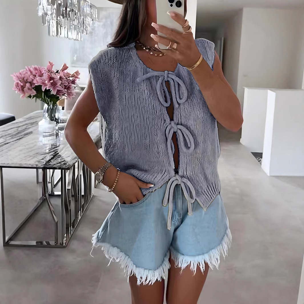 Lace-up knitted vest cardigan 2025 Summer cross-border bestseller Amazon new solid-color vest sleeveless sweater for women details Picture