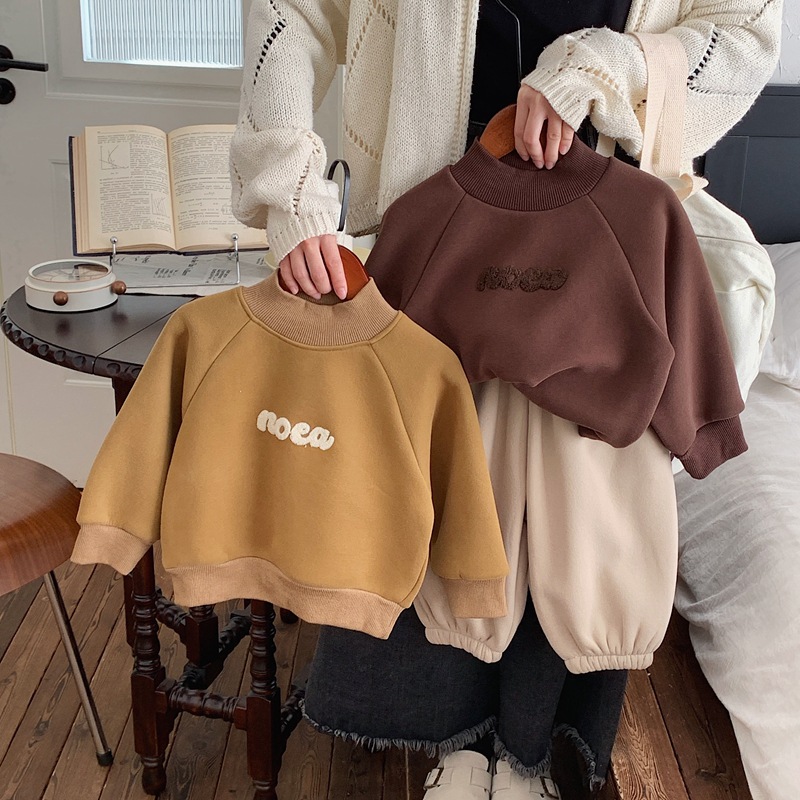 儿童冬装刺绣男女童圆领卫衣加绒一体绒宝宝男孩加厚上衣字母韩版