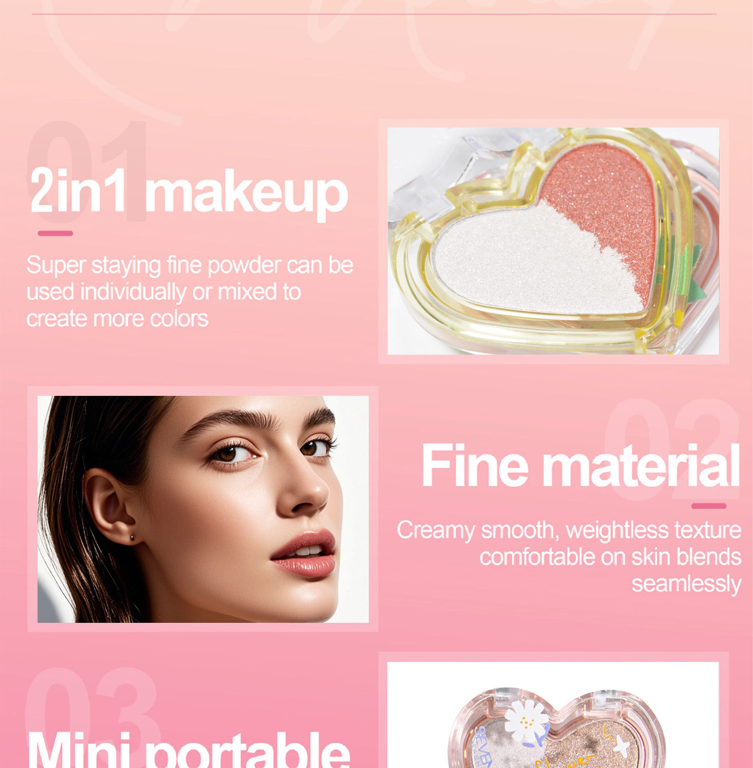 SEVENCOOL Mixed-color Heart-shaped Highlighter Powder, Long-lasting Fine Glitter Contouring Powder, Nose Shadow Brightening and Skin Tone Highlighter and Sparkling Powder pic 7