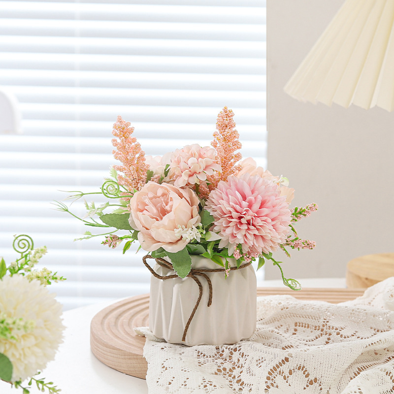 Pastoral style, fresh and delicate hydrangea ceramic potted plant, home living room, office desk decoration, silk flower simulation flower ornaments details Picture