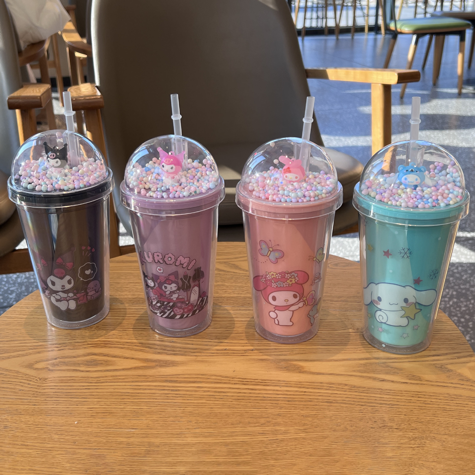新款网红塑料杯双层卡通库洛米水杯外贸冰裂碎冰杯便携吸管杯批发