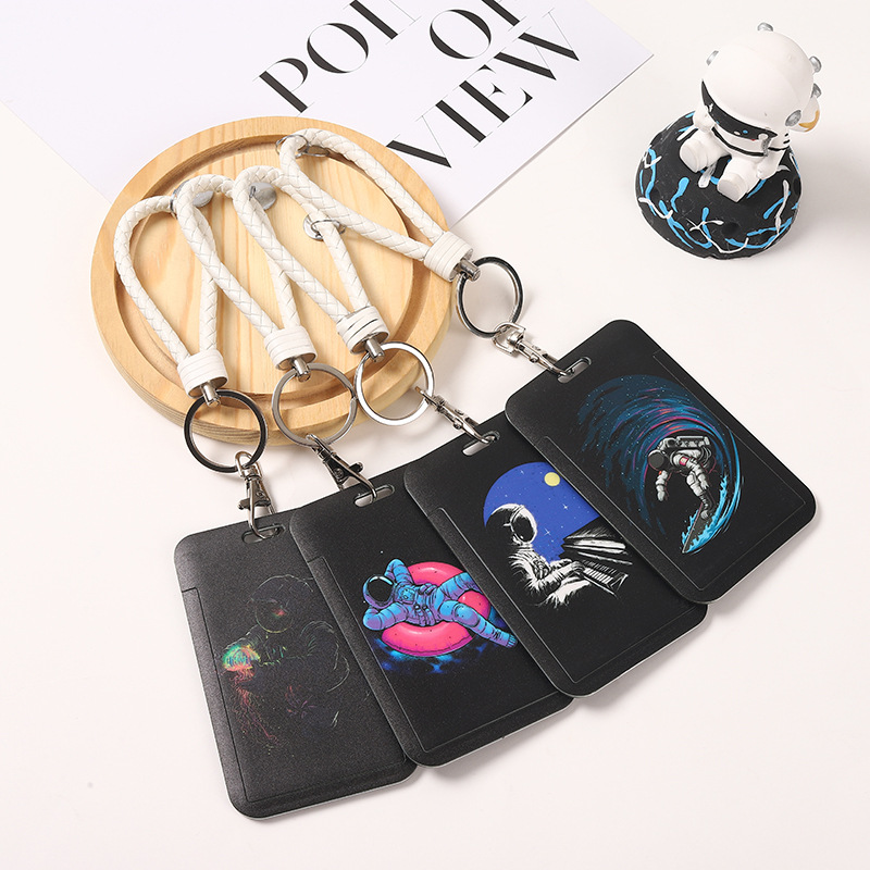 Astronaut sliding cover waterproof student card holder, astronaut black cartoon hard card holder, ID card, bus card, name tag