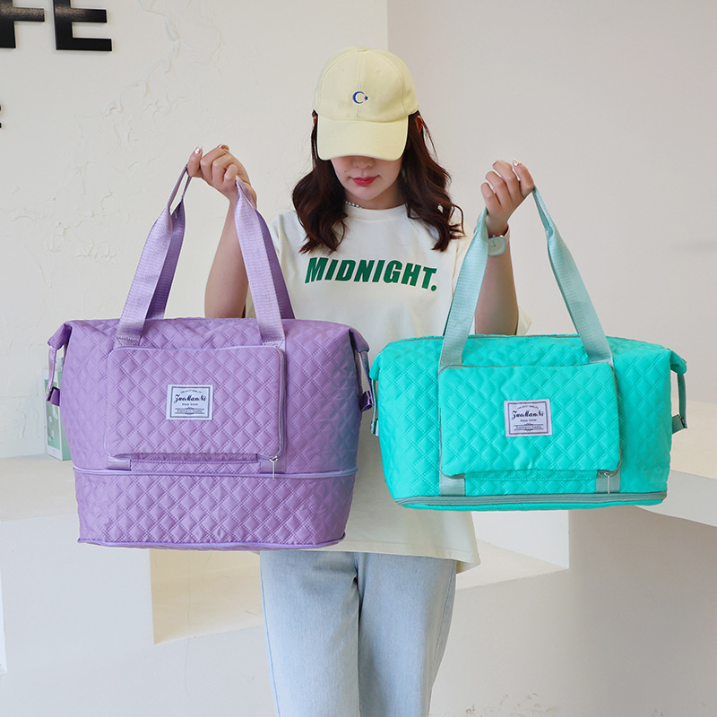 T in-stock storage bag, Korean-style embroidered thread diamond pattern travel and fitness bag, single-shoulder handbag, large-capacity folding luggage bag Specification image