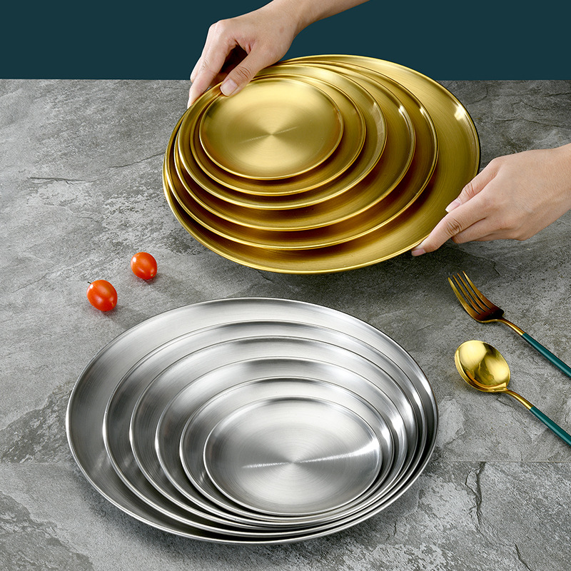 Stainless steel plate, Western-style desserts, cakes, fruits, flat bottom, Korean-style display, golden single-layer barbecue round plate details Picture
