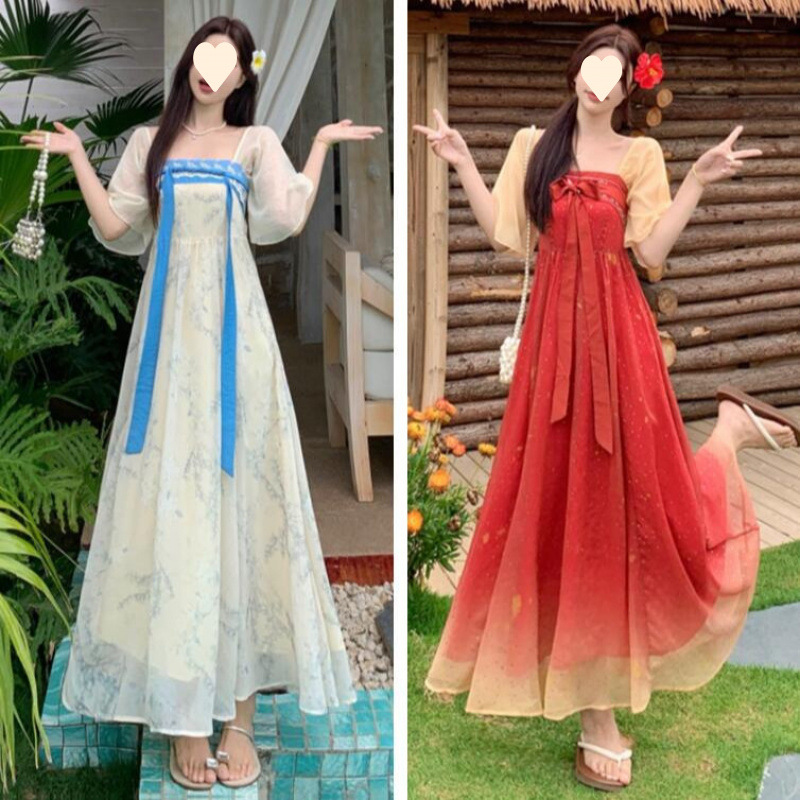 国潮大码新中式刺绣印花汉服连衣裙女夏季胖mm温柔国风遮肚显瘦长裙子