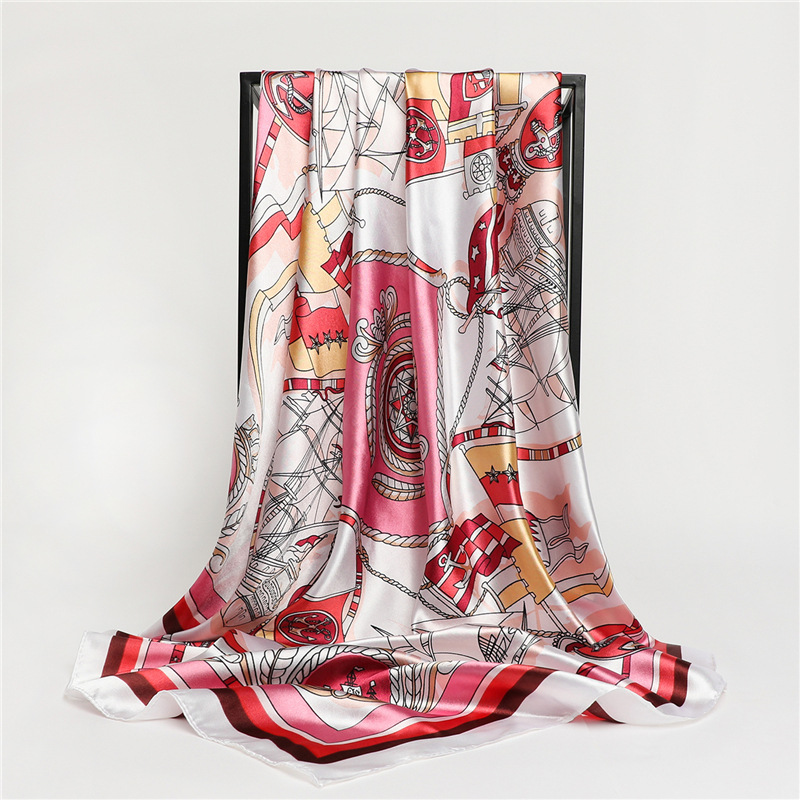 National trend silk scarf for ladies, large square scarf, 90cm color satin imitation silk scarf, headscarf, travel shawl, thin style for autumn and winter Application Scenario