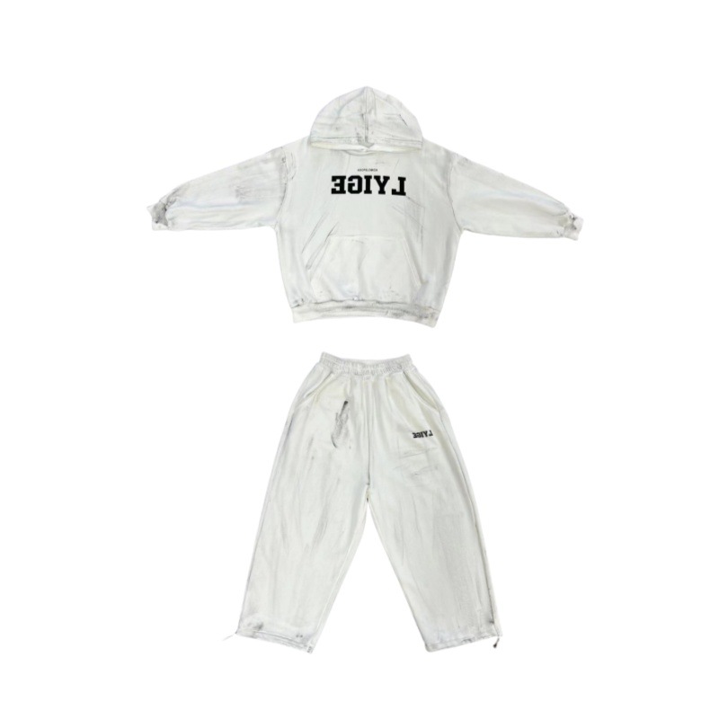 Yi-hung trajes de guardia para chicos con capucha de otoño manga larga pantalones de punto recto dos piezas cepillado a mano pintado viejo Item Picture