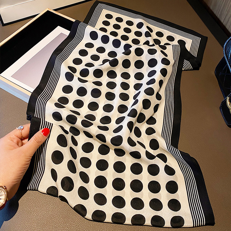 New Korean Thin Black And White Polka Dot Silk Scarf Female Silk Silk Long Scarf Decorative Silk Scarf Silk Crepe De Chine Fringed Specification drawing