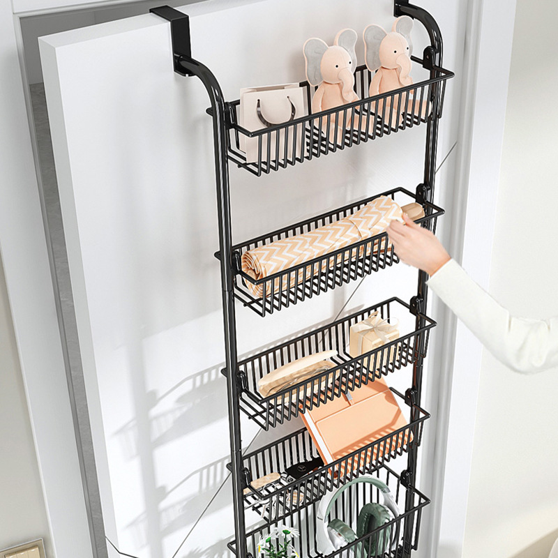Behind the door, there is a hanging basket storage rack without drilling holes. It is used for storing sundries in bedrooms, bathrooms, and kitchens