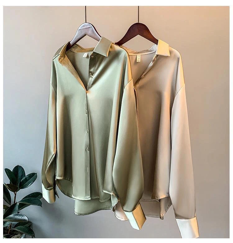 Long-sleeved satin shirt for women, with a sense of design and fashion, is a new spring and autumn collection for 2022. It features a flowing, retro, and Hong Kong-style loose summer garment Specification image