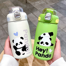 新款可爱熊猫保温杯弹杯吸管杯学生便携提绳双饮水杯不锈钢真空杯