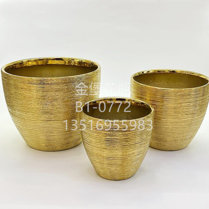 Nordic large diameter electroplated brushed gold large flowerpot Round ceramic plant ware flowerpot home outdoor decoration full figure