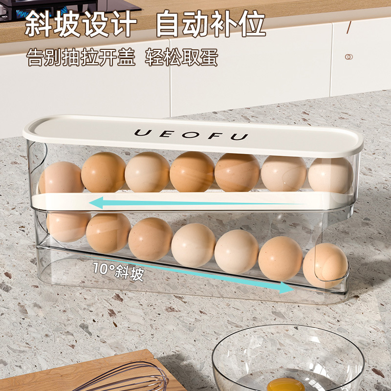 Slide Type Egg Carton Double Layer Automatic Egg Roller For Refrigerator Side Door Kitchen Countertop Egg Storage Box details Picture