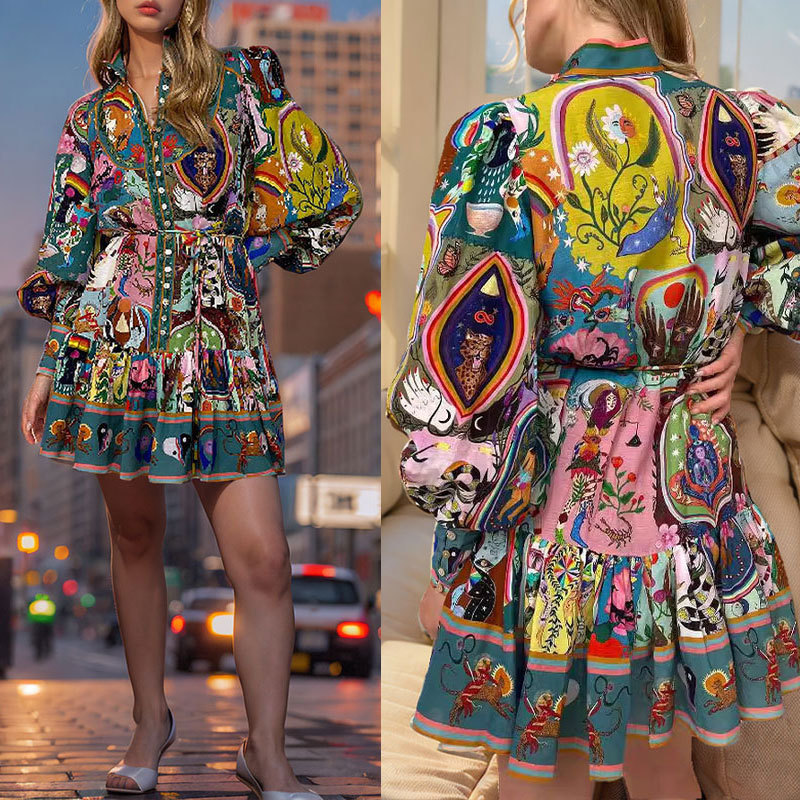 2025 Cross-border European and American women's clothing printed round neck, cinched waist, lace-up, pleated ruffled, retro pleated European and American dress Application Scenario