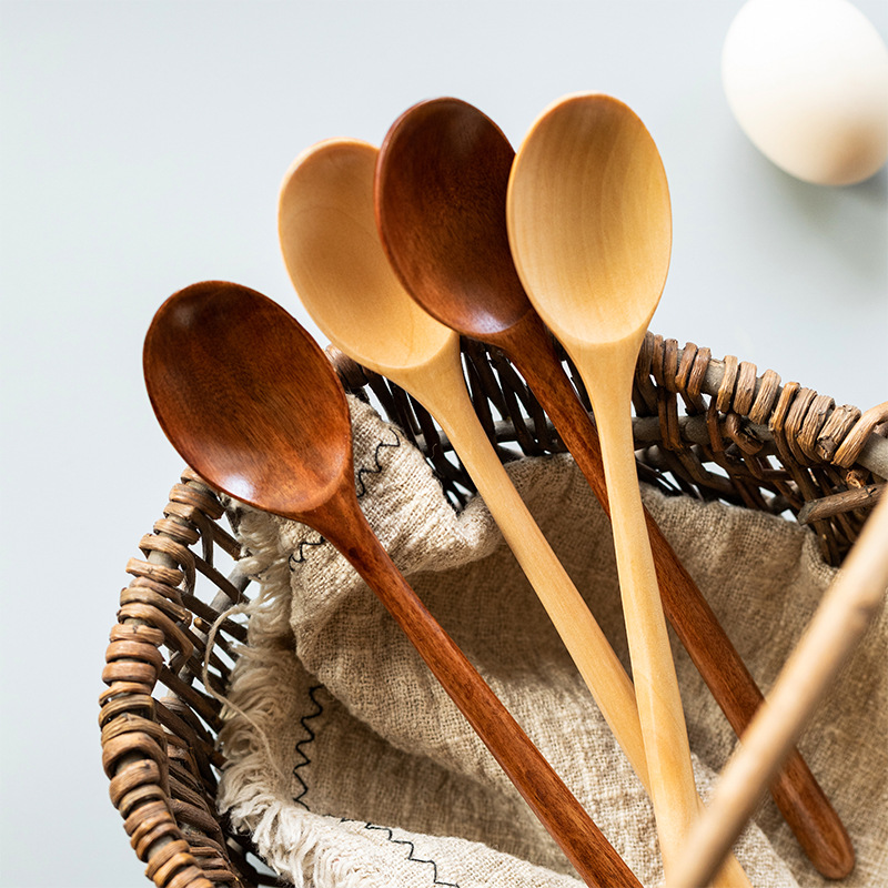 Wooden Spoon Long Handle Old Lacquer Juice Spoon Solid Wood Trumpet Coffee Spoon Japanese Zefeng Soup Spoon Baby Spoon Can Logo details Picture