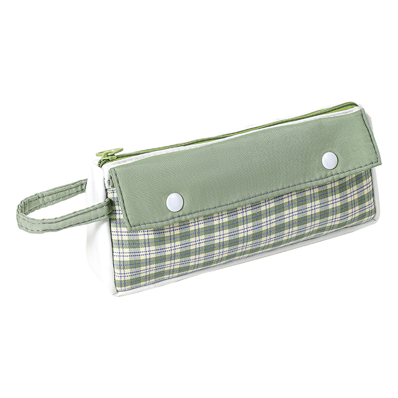 2024新品日系小清新格子拼接文具笔袋收纳学生文艺范手提双口笔袋详情图5