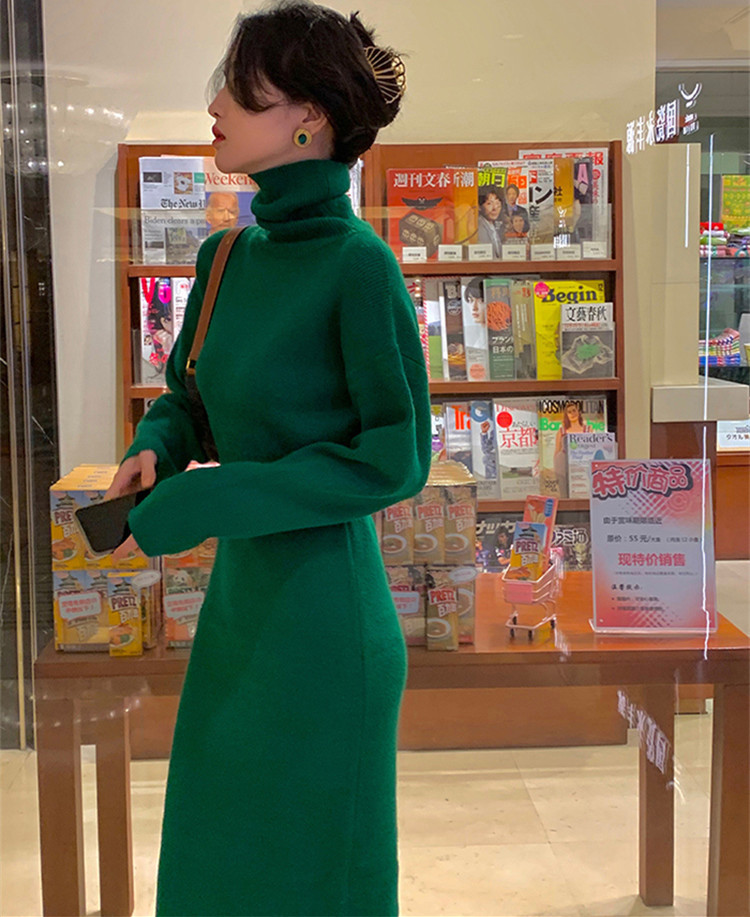 高领长款毛衣裙女长过膝打底收腰修身秋冬套头针织连衣裙厂家货源