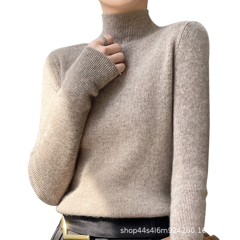 Mid-neck slimming base layer, half-height pullover sweater for autumn and winter, women's long-sleeved sweater, solid color, high elasticity, slimming Item Picture