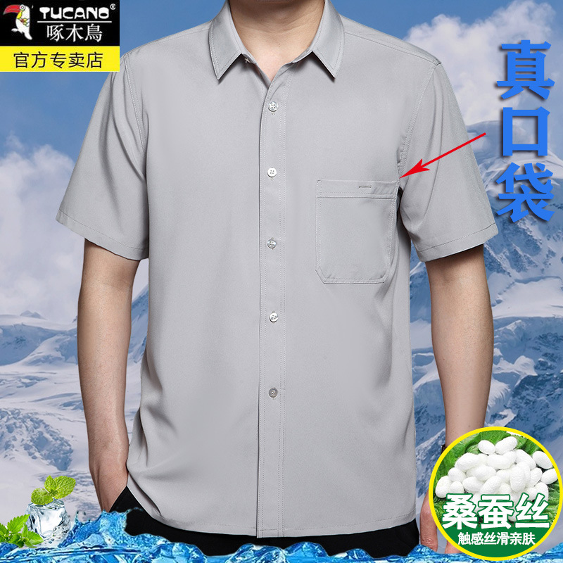 弹力衬衫黑色/衬衫男长袖休闲/衬衣/衬衣男士修身职业/鸟眼布男式短袖细节图