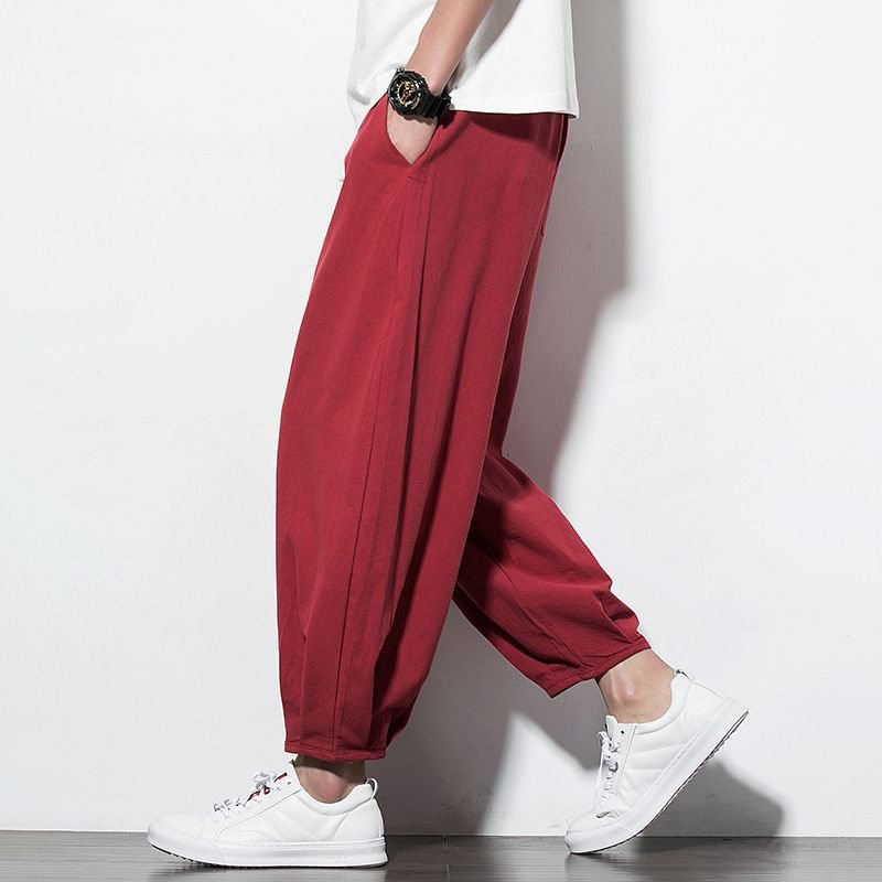 New Chinese-style Spring and Autumn men's loose wide-leg radish nine-inch pants, trendy cotton and linen casual Harun beach lantern pants Application Scenario