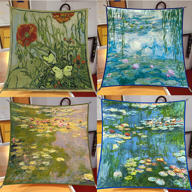 艺术山水油画缎面90方巾高档梵高油画装饰艺术展画展裱画女士围巾