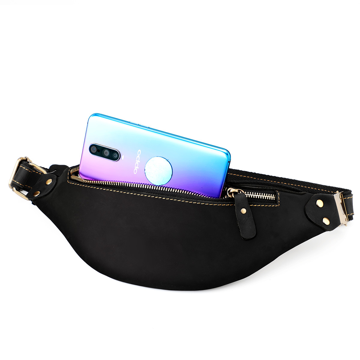 Retro Mad Horse Cowhide Amazon Source Men's Waist Pack Europe And The United States Trend Leather Men Bag Cross-Border A Piece Of Hair details Picture