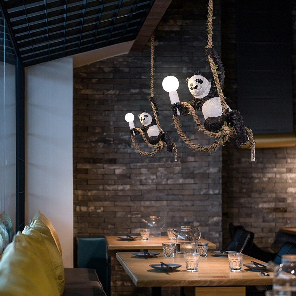 北欧创意个性动物园装饰麻绳熊猫吊灯酒吧餐厅民宿风格木屋植物灯