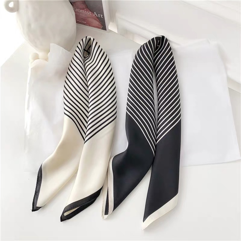New Style Of Small Fragrance Wind Silk Scarf Stripes Home Sun Li With A Simple Korean Version Of Black And White Professional Small Scarf