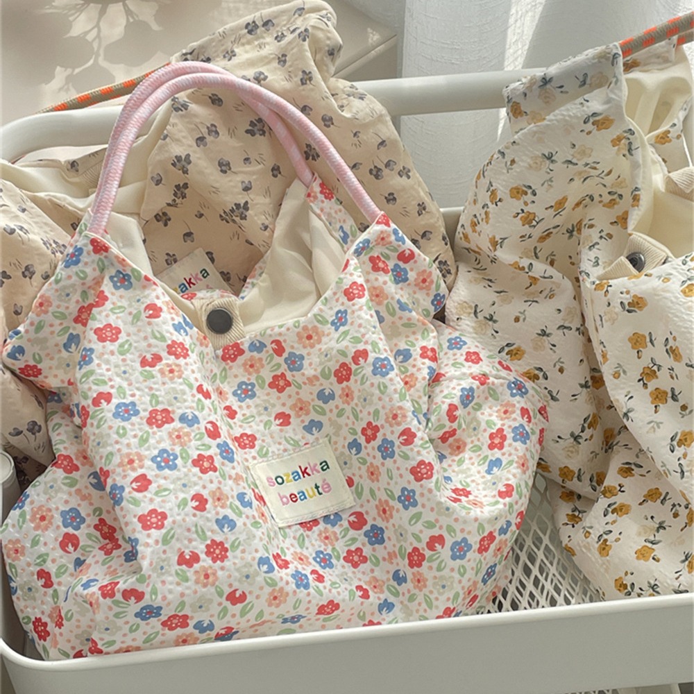 4596 Korean floral canvas bag for women's summer, new large-capacity handbag, thin hand-carry vacation beach bag