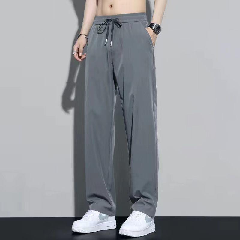 Ice silk pants for men's summer, thin, loose, straight-leg, drape style, elastic waist, quick-drying, sporty and casual trousers details Picture