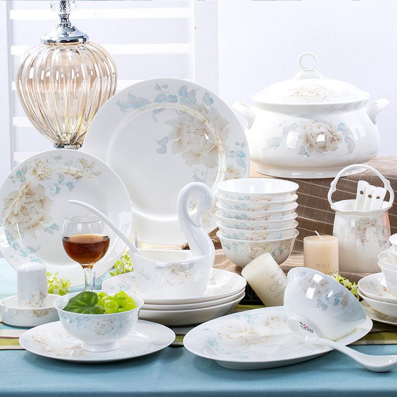 Dish Set Bone China Tableware Set Ceramic Simple Jingdezhen Bowl Dish Chopsticks Household Gift Wholesale
