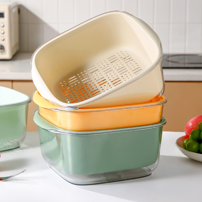 Custom Rice Washing Basket Multi-Functional Plastic Square Kitchen Large Simple Double Layer Fruit Drain Basket details Picture