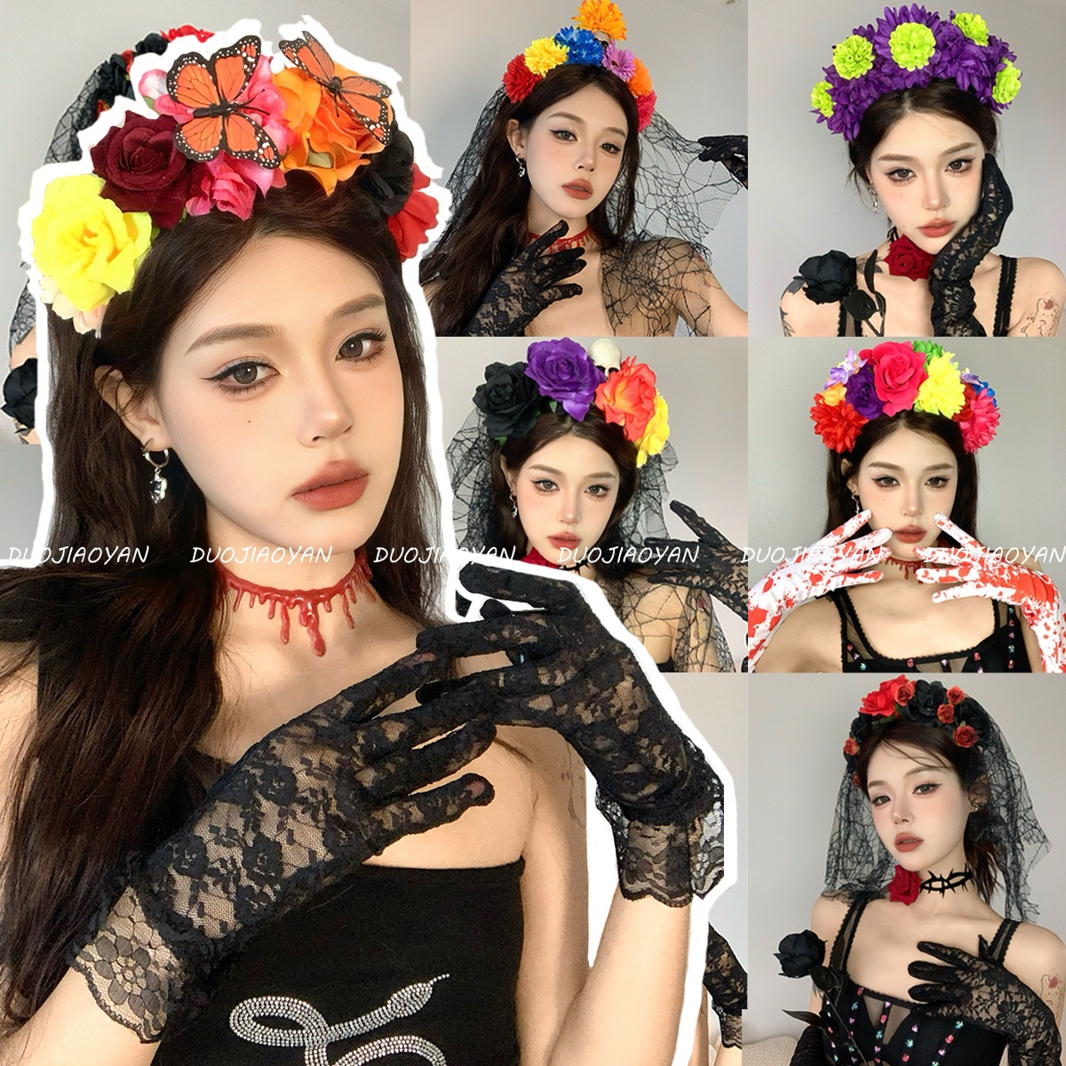 Popular Halloween flower headband, dark lace set accessory, Day of the Dead cosplay prop hair accessory details Picture