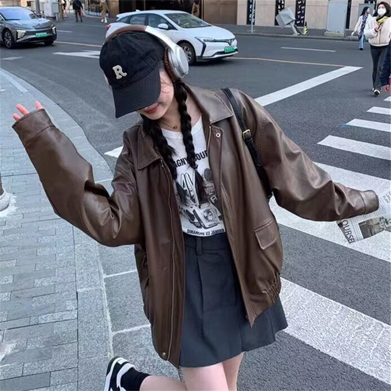 美拉德皮衣美式甜酷穿搭棕色皮衣外套防风宽松美式复古机车服夹克细节图