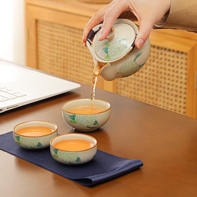 Ru Kiln Quick Guest Cup Portable bag, travel tea set, ceramic kung Fu tea set, one pot, three cups, souvenir gift, printed LOGO Specification image