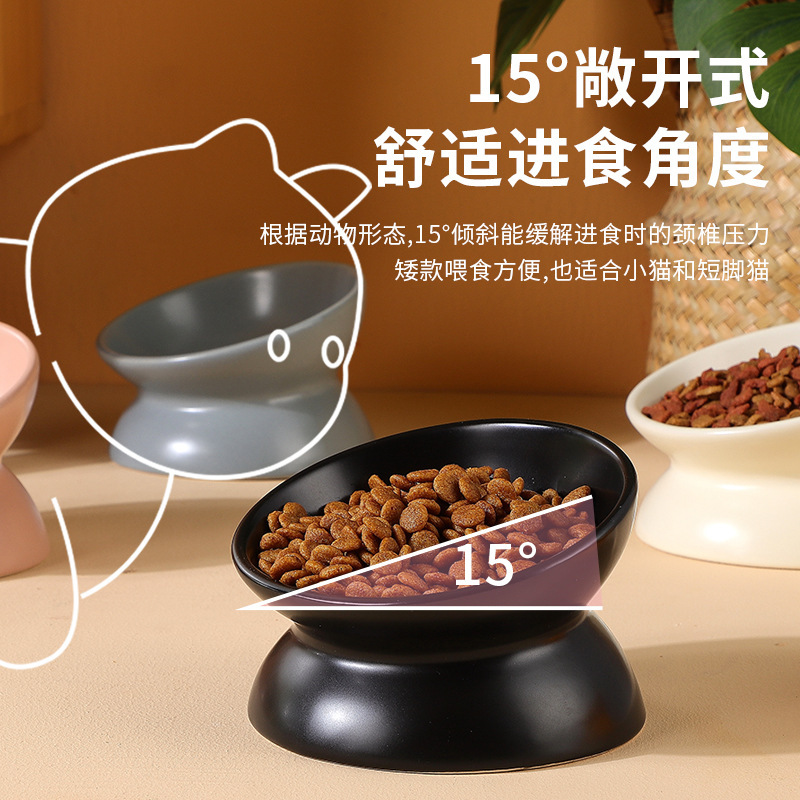 Pet feeding bowl Protect cervical spine Diagonal bowl Simple solid color ceramic put over cute pet bowl Cat bowl details Picture