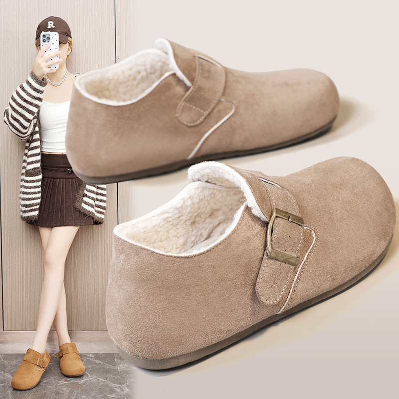 RD3206平底勃肯鞋女加绒保暖一脚蹬毛毛棉鞋2025新款秋冬豆豆鞋