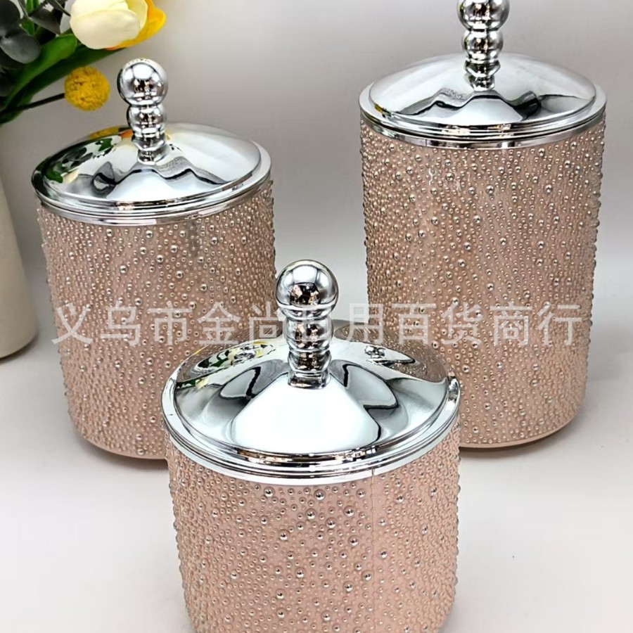 Light luxury round bead lid rice bead plastic solid color transparent storage jar without base, candy jar with color box details Picture