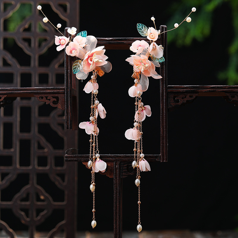 Fashionable glass leaf decoration, pink snow tooth fabric flower, women's super fairy-like headwear, ancient-style Hanfu matching accessories