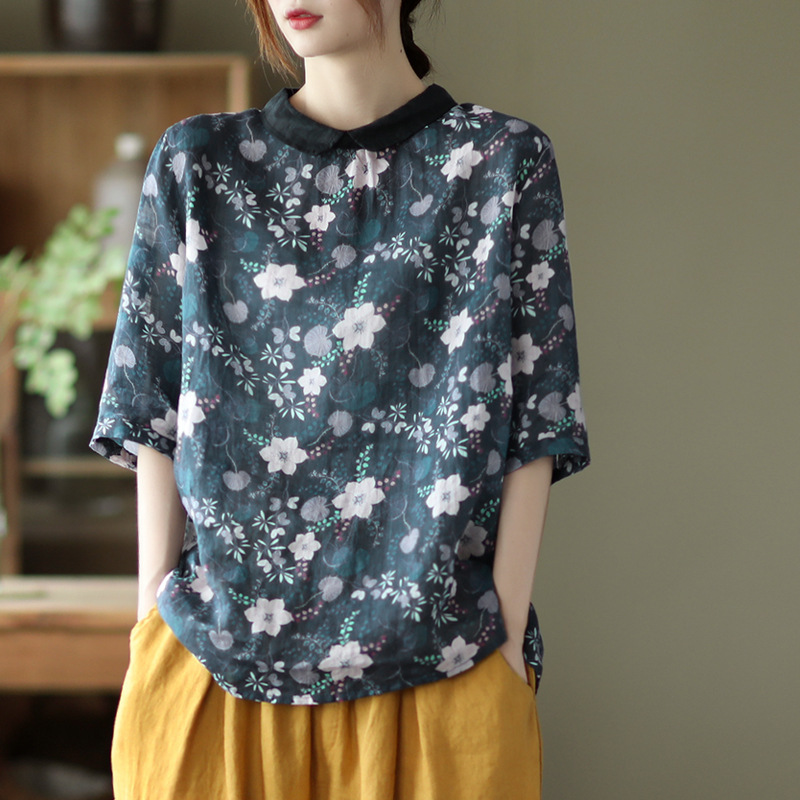 Artistic and retro loose doll collar mid-sleeve printed ramie shirt pullover cotton and linen top women's summer linen shirt Specification image