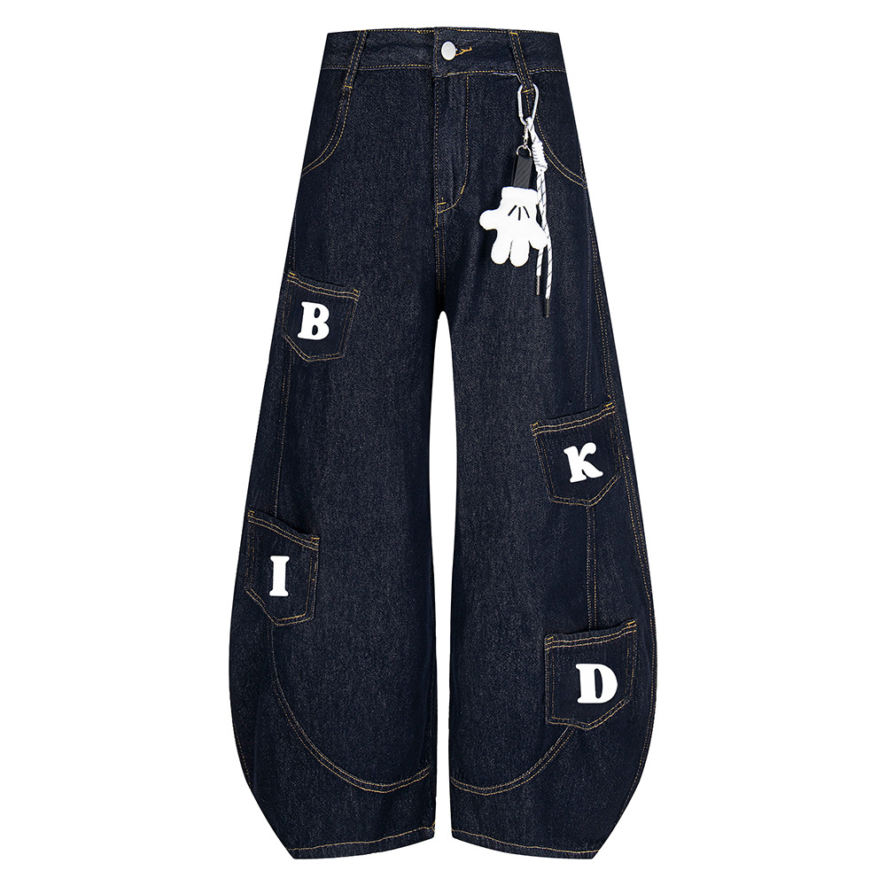 2025 New American-style design curved knife versatile jeans, men's letter American-style niche drape floor-length wide-leg pants Specification image