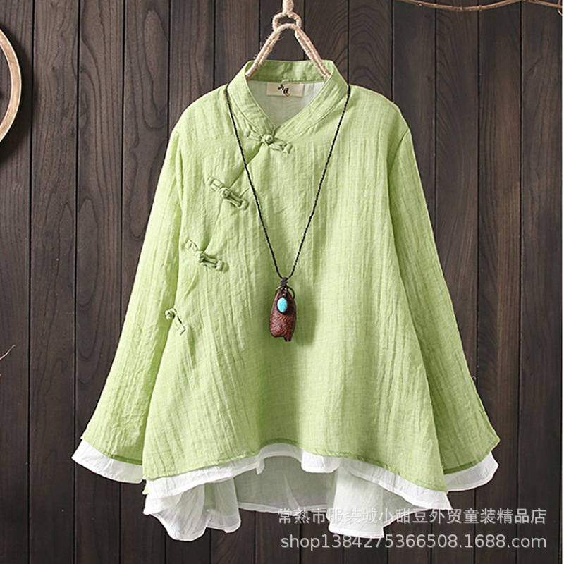 Retro cotton and linen long-sleeved Chinese-style slanted lapel, button-up, irregular hem, loose stand-up collar, tea-style women's shirt details Picture