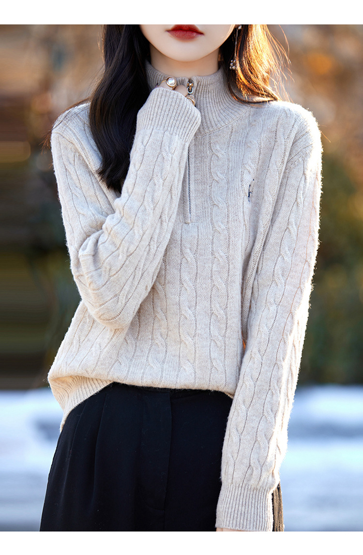 秋冬麻花针织衫女半开领拉链保罗慵懒宽松套头毛衣显瘦上衣打底衫详情14