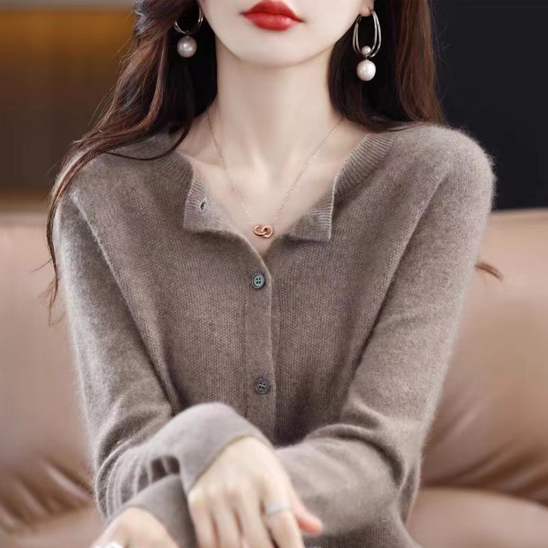 24春秋新款100羊毛衫女一线成衣毛衣开衫纯色休闲羊毛针织衫外套详情图3