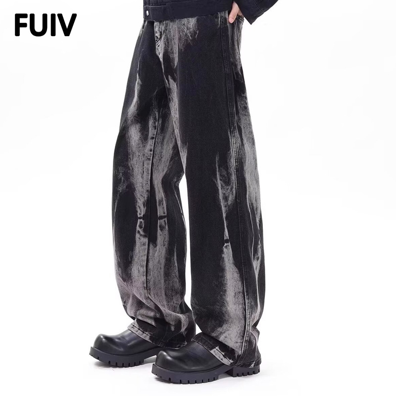 FUIV 扎染水洗垂感牛仔裤男女新款渐变宽松显瘦直筒阔腿拖地裤子