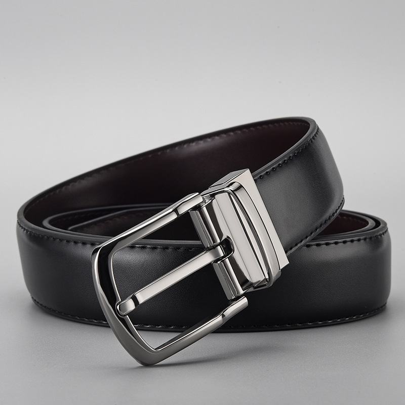 Original design versatile men's belt wholesale, two-layer transfer membrane leather rotating pin buckle cowhide men's black belt press details Picture
