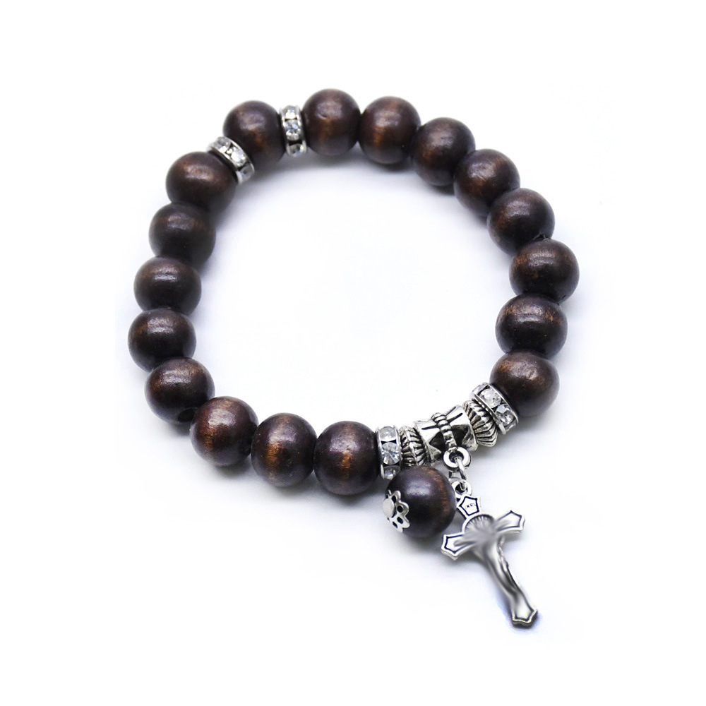 Export coffee-colored wooden beaded cross bracelet