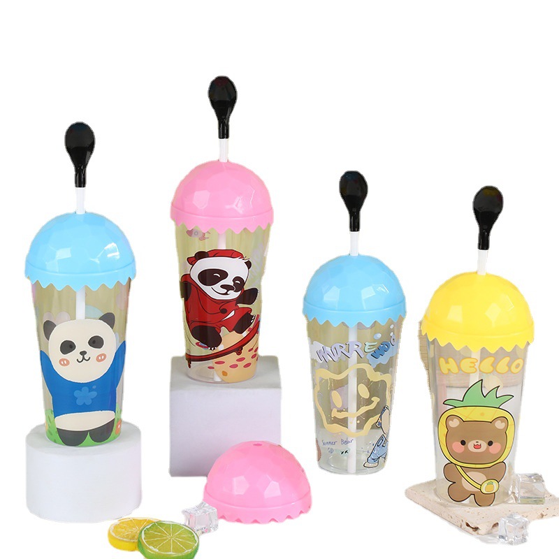 600Ml Children's Straw Cup Wholesale Cartoon Panda Ps Plastic Cup Student Baby Drink Juice Cup Item Picture