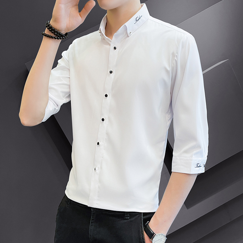 夏季翻领衬衫男士七分袖韩版修身免烫短袖衬衣帅气纯白色休闲中袖
